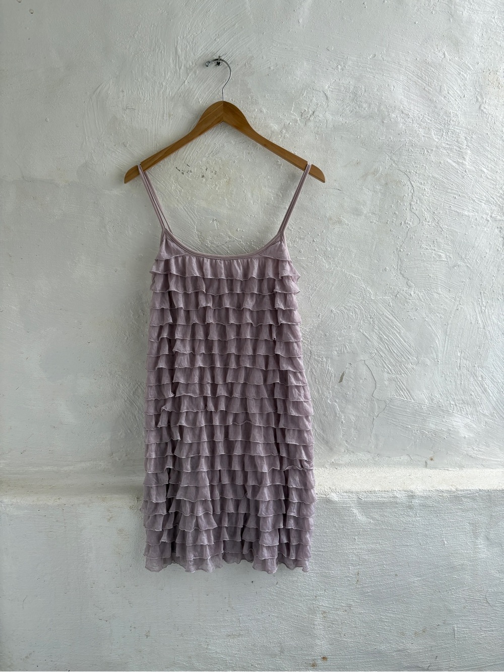Y2K-style lavender ruffled mesh mini slip dress